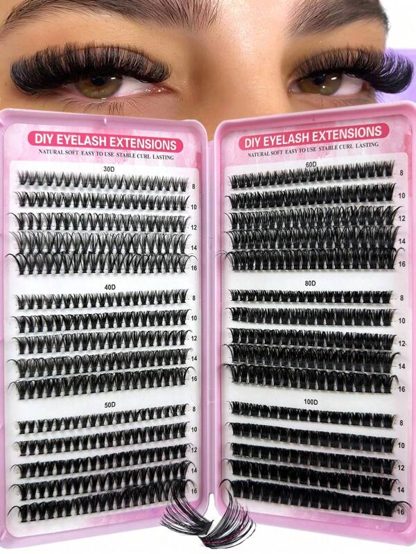 570pcs Cluster Fake Eyelashes Set, 30D/40D/50D/60D/80D/100D Mixed Synthetic Short Fur Mink Lashes, 0.07mm Curl, 9-16mm Length, Includes Natural Lashes, 3D Russian Curly For Beginners, Reusable Home Use