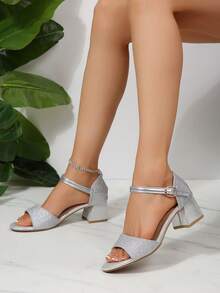 大码女士凉鞋，时尚舒适 PU 防滑带一脚蹬纯色闪光粗跟圆头露趾凉鞋，带金属扣，鞋跟高 5 厘米，适合室内/室外、休闲、可爱、奢华、时尚、日常、派对、婚礼、学校、办公室、2025 年春夏新款女士鞋 - 銀色 - 查看 4