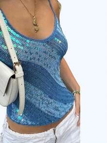 Women Sequin Halter Cami Tops Y2k Sparkly Spaghetti Strap Hollow Out Crochet Knit Crop Tank Tops Backless Sleeveless Slim Fit Camisole Vest Shirts Summer Going Out Tops Party Club Beach Streetwear - 藍色 - 查看 2