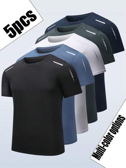 5 pièces de t-shirts de sport pour hommes, convenant pour le sport, la fitness, les tenues décontractées extérieures, imprimé mode.