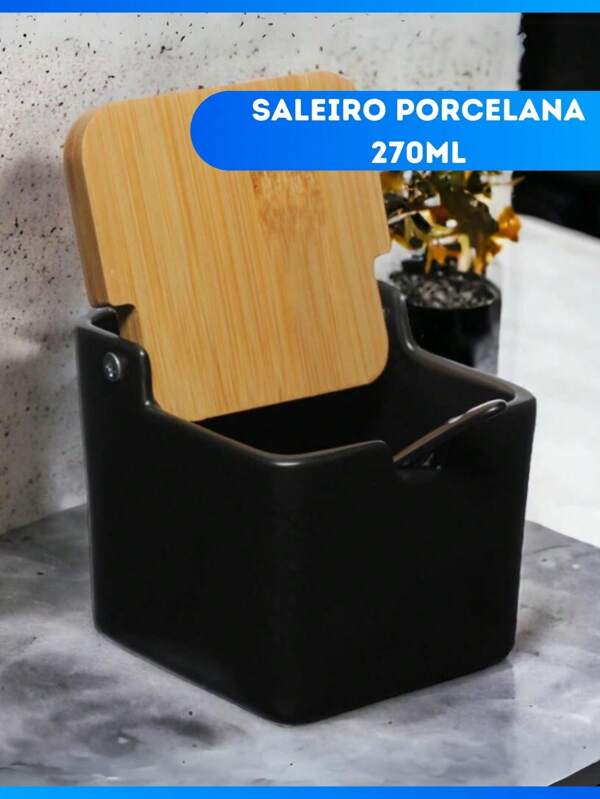 Saleiro Em Porcelana Tampa Bambu C/ Colher Porta Especiarias Condimentos Temperos 270ml Manhattan