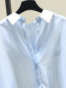 女士休闲百搭纯色半透明衬衫 - 淺藍色 - 查看 2