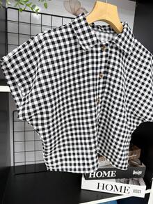 ELLIE Casual Striped Print Loose Cropped Shirt - 黑白格子 - 查看 3