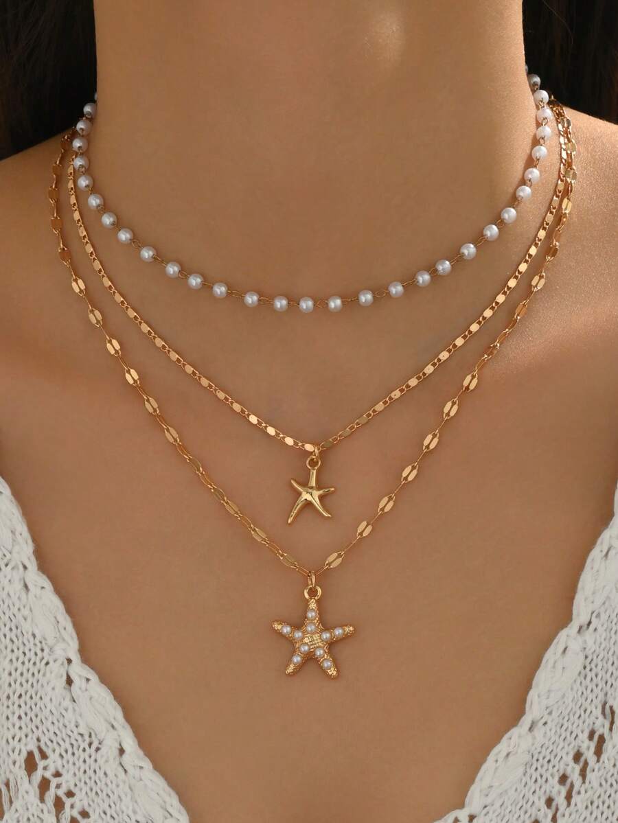 3pcs/Set Elegant Faux Pearl Handmade Chain Choker Necklace With Starfish Pendant, Fashionable Women Jewelry Suitable For Daily Wear, Travel, Party - Golden - View 1