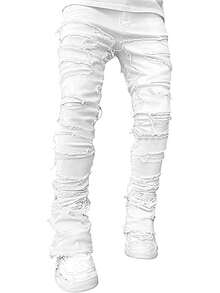 Men's Regular Fit Stacked Jeans Ripped Skinny Distressed Destroyed Straight Denim Pants Streetwear - trắng - Xem 3