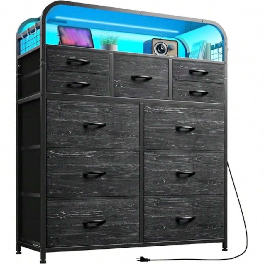 Black Dresser With LED Lights & Charging Station, Dresser For Bedroom With 2 Tier Shelves & 4 Hooks, 11 Drawers Entertainment Center, Closet, Living Room, Entryway, Sturdy Frame,Wooden Top, Black - 1 - View 1