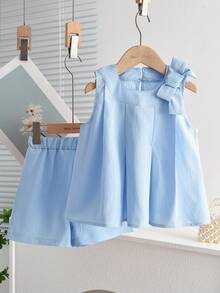 bearleader 2pcs Girls Casual Bow Decor Camisole Top And Shorts Set, Summer - Blue - View 1