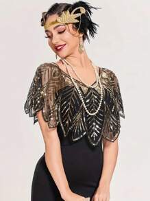 1 pièce Étole élégante vintage des années 1920 avec sequins et perles - 100% polyester respirant, pullover enveloppant avec élasticité, motif à rayures brodé, cape décorative pour soirée pour femmes