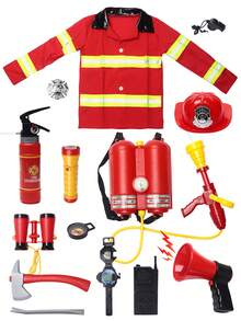 Firefighter Role Play Costume Set For Kids, Includes Realistic Firefighter Gear: Water Extinguisher, Backpack Water Gun, Flashlight, Loudspeaker, Watch, Firefighter Axe Tool, Firefighter Uniform & Badge, For Boys And Girls To Cultivate Fire Prevention Awareness Through Outdoor, Living Room, Stage Performance, Role Play, Birthday Gifts - Multicolor - View 11