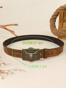 1pc Unisex Retro Western Cowboy Animal Buckle Embossed PU Leather Belt, Fashionable All-Match Suitable For Jeans, Skirts And Year-Round Wear - Silver - View 5
