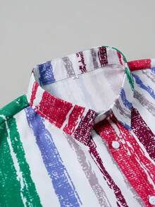 Men's Contrast Stripe Button Front Short Sleeve Shirt - Green - View 3