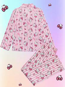 Sanrio 2 piezas Conjunto de pijama de manga larga con botones y estampado a rayas de  para niñas