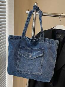 1个复古蓝色做旧风格女士斜挎包，大容量，柔软轻便，拉链封口，帆布手提包，带多个口袋，学院风单肩包 - 藍色 - 查看 4