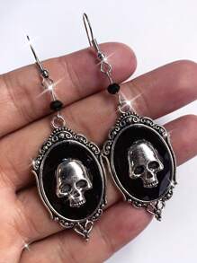 1 par de pendientes colgantes vintage estilo gótico con cabujón de cristal en relieve negro, pendientes con gota de calavera de bruja de Halloween, joyería de estilo victoriano de moda como regalo para mujeres y niñas