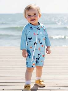 Baby Boy UV Swim Set - Long Sleeve Rash Guard With Ocean Animal Print  Zip-Up Bathing Suit 0-24M - Blue - View 5