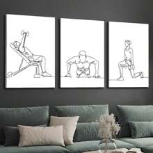 3 piezas Cuadros decorativos impresos en lienzo con marco de madera, frases de fitness en la pared, figuras de fitness de arte lineal, decoración de pared interior del hogar