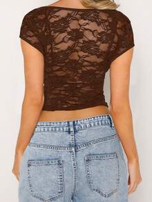 Conjunto de top de encaje vintage para mujer, camiseta de corte bajo y corte ajustado con mangas cortas + bralette sin mangas, ropa de verano - Marrón oscuro - Ver 4