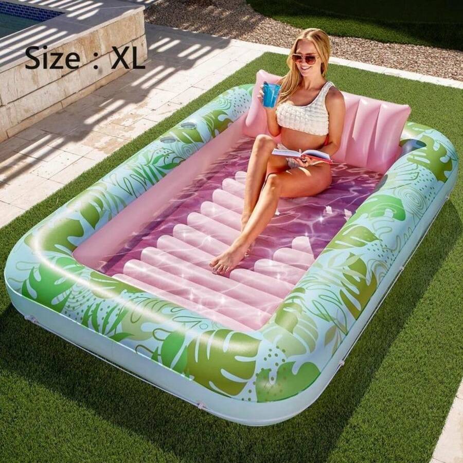L/XL Inflatable Tanning Pool Lounge Float With Cup Holder, 70"X46"/85″ X 57″ Extra Large Pool Floats Adult With Pillow, 4 In 1 Suntan Tub Raft Floatie, Sunbathing Bed Lounge Blow Up Ball Pit Party Gifts, Inflatable Lounge Sofa Pool - 青粉色-XL - 查看 1