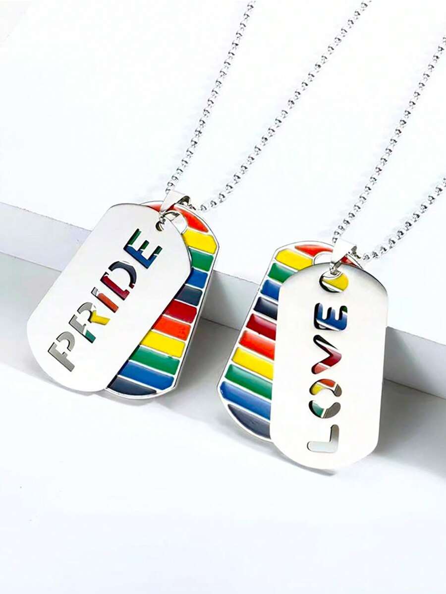 1pc Fashionable LGBT Rainbow Striped Geometric Charm Necklace, Rainbow Dogtag Necklace Double-Layer Colorful Titanium Steel Pendant, Gift For LGBT