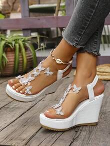Women's Fashion Wedge Heel Butterfly Decor Platform Sandals With Floral Pattern Elastic - White - View 9