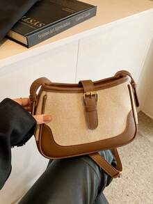 Fashionable Linen & Suede Contrast Color Elegant Shoulder Bag, Suitable For Casual Wear - Coffee Brown - View 3