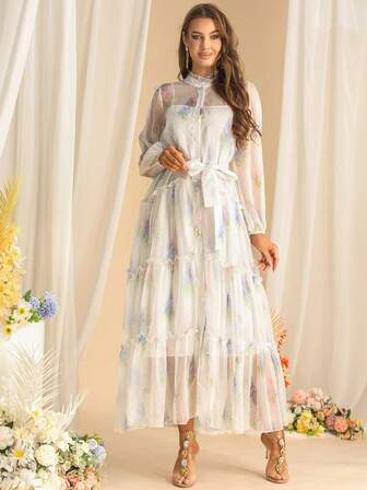 Vår- och höstklänningar för kvinnor, nya, liten, stående krage, mesh, långärmad, positionerande, volang, helkroppsmönstrad, knytklänning i midjan, fluffig klänning, festkläder, resekläder, för cocktail