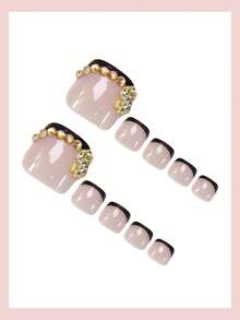 24片短方形按压式美甲贴片，黑色法式美甲款式，配金属配件和水钻装饰，奢华全覆盖，适合女性和女孩夏季日常佩戴，美甲用品 - 彩色 - 查看 3