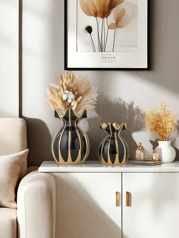 1 PIEZA Jarrón corto de cerámica con forma de vientre y boca ondulada, adecuado para arreglos florales de oficina, decoración de sala de estar, escritorio, estantería y entrada. Hermoso ornamento de jarrón, decoración de Halloween, decoración de otoño, decoración de habitación, jarrón de vidrio