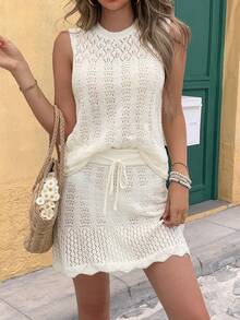 女士节日针织连衣裙套装 - 无袖镂空蕾丝上衣和喇叭迷你裙，半透明，适合休闲外出 - 杏色 - 查看 4