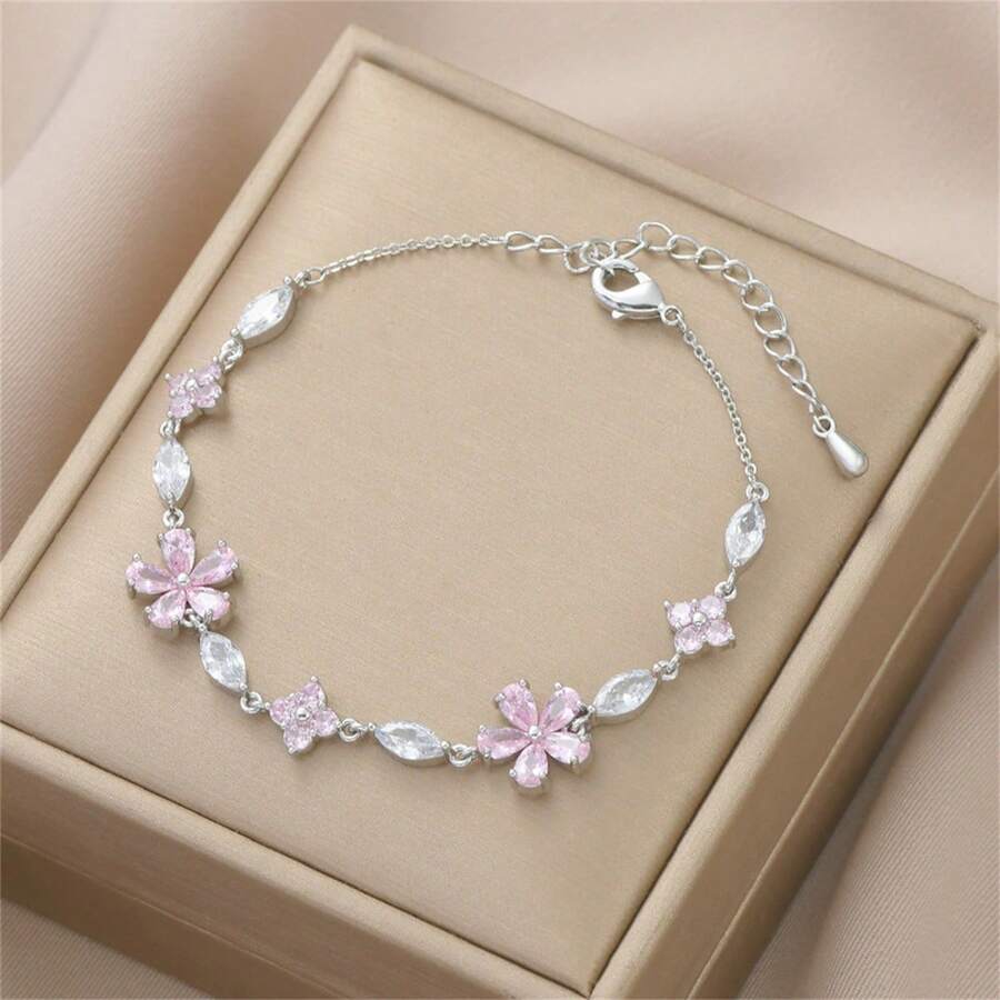 1pc Elegant Women's Bracelet, Fashion Minimalist Pink Crystal Bracelet, Suitable For Daily Wear, Jewelry Gift