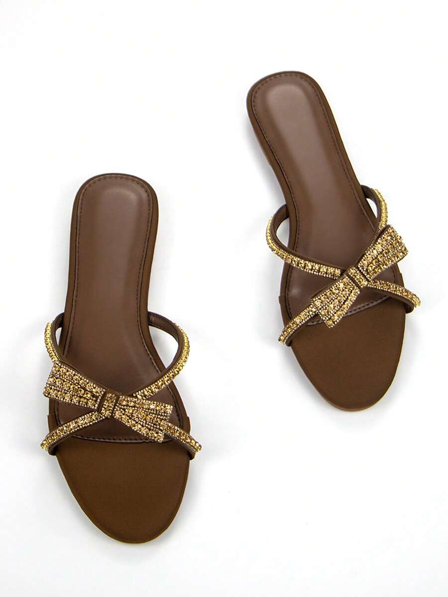 Women's Luxurious Butterfly Rhinestone Chain Decor Slip-On Flat Mule Sandals, Brown Lycra Material, Fashionable Round Toe, Comfortable For Daily Wear And Party,Spring Summer Outfits - Brown - View 1