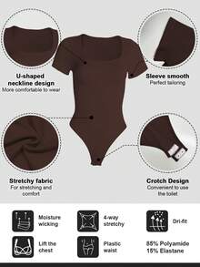 1pc Women's Solid Color Shapewear Bodysuit, Tummy Control Slimming Jumpsuit - Brown - View 7