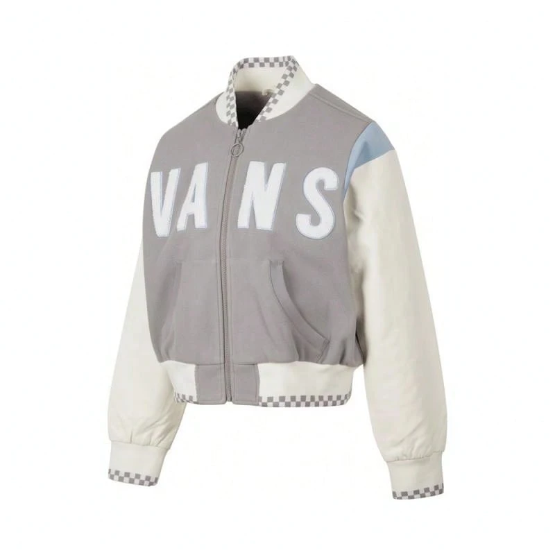 2026 Frühling Vans Damen Jacke, modischer minimalistischer Sport Lässig Buchstaben Farbblock Stehkragen Bomberjacke, bequeme Baseball Jacke VN000GUTAF1 - Grau - Übersicht 1