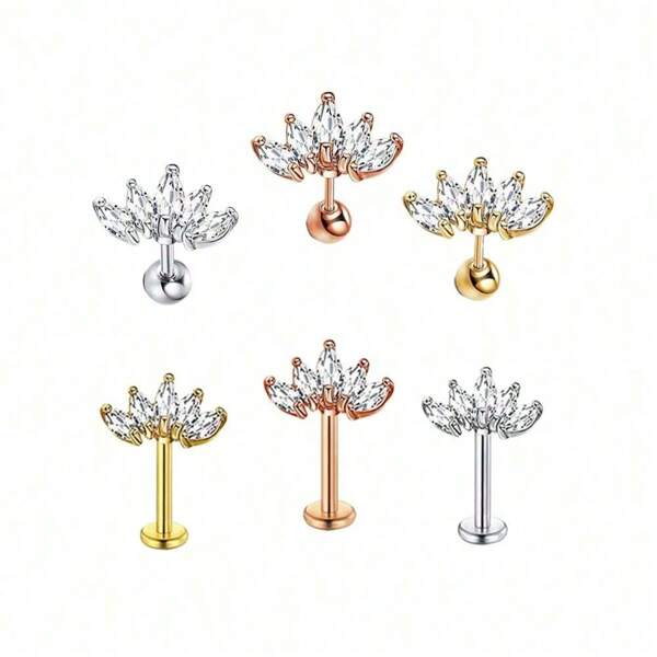 1Pc 16G 316 Stainless Steel Cartilage External Thread Brilliant Flower Flat Back/Round Back Ear Studs Horse Eye Zirconia Stud Earring Lip Stud Labret Piercing Jewelry (6mm/8mm)For Women Valentines