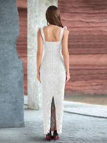 优雅黑色蕾丝镂空奢华晚礼服，饰有蝴蝶结，修身剪裁，适合白色婚纱 - 白色 - 查看 5