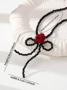 1 Pc Glass Beaded Bow Necklace / Rosette Flower Floral Decor Pendant Necklaces Jewelry For Women / Spring Summer Black Color Beads Necklace - Multicolor - View 3