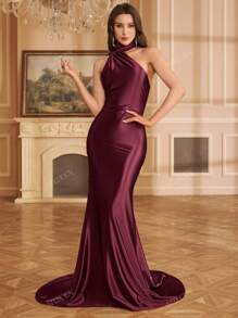 MUXXN Elegante vestido formal de cola de pez de longitud hasta el suelo con cuello asimétrico, para invitados de boda, ceremonia de graduación, cena de gala, fiesta, para la noche
