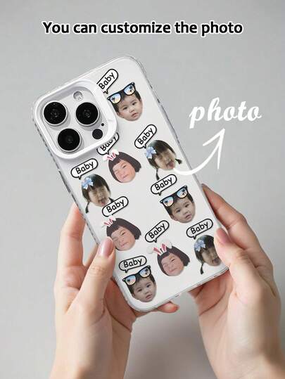 1pc Customizable Pet/Baby/Child Photo, Family Portrait, "BABY" Text Dialogue Box, IMD Matte Shock-Proof Mobile Phone Case, Compatible With IPhone 16/11/13Pro Max/12/15Pro Max/14, Anti-Fingerprint, Transparent, White