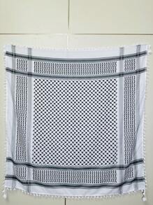 Designer Style Black & White Geometric Pattern Casual Head Scarf/Neck Scarf, Linear Flower Fringe Edging, Suitable For All Seasons