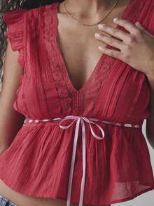 Women Summer Boho Tie Front Lace Trim Tank Tops Y2k Flowy Frilly Chiffon Vest Beach Button Ruffle Eyelet Tank Tops Light - Red - View 3