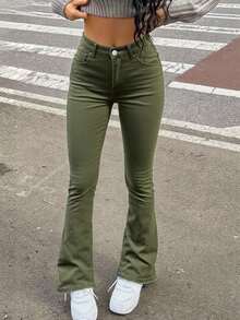 女式秋季度假风格休闲破洞紧身喇叭牛仔裤