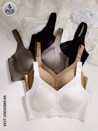 4 piezas Sujetador de punto sin costuras para mujer - Tirantes anchos, sin aros, cómodo y transpirable, se puede usar por fuera, se puede usar al aire libre