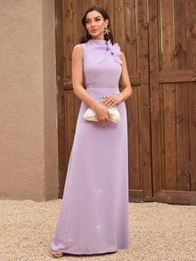 Women's Stand Collar Sleeveless Handmade 3D Flower Elegant Solid Color Rhinestone Hem Dress, Formal, Party Dress, Gown, For Evening, Wedding Guest
