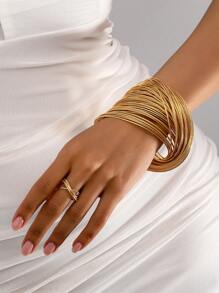 1pc Bracelet & 1pc Ring Jewelry Set, Matte Gold Tone Spiral Design, For Women Party Holiday Accessories