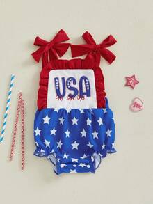0-18 Months Baby Girl Independence Day Cami Romper Sleeveless Star Stripe Print Tie Shoulder Jumpsuit - Red - View 2