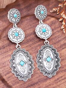 MONLOTTI 1 Pair Cowgirl Western Vintage Boho Style Totem Carved Geometric Patchwork Metal Alloy Pendant Earrings, Fashion Earrings For Women, Retro Jewelry