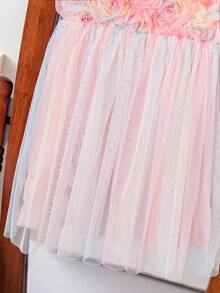 Mädchen rosa 3D Blumen aufgeblähtes Kleid, Traumhaftes Blumenprienzsessin Kleid, rosa Sommer 3D Rose + farbiges Tüll Set, mädchenhaftes Design, geeignet für wichtige Feste, Bühnenauftritte, Geburtstagsfeiern - Verschiedenfarbig - Übersicht 8
