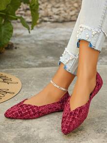 Women's Spring/Autumn Pointy Toe Burgundy Flat Shoes, Plus Size 35-45, Casual Daily Wear, Driving, Lightweight, Comfortable, Versatile, Random Pattern - Wine Red Checkered - View 2