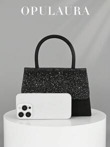 OpulAura 女士时尚闪光翻盖派对手拿包，奢华闪亮晚宴包，正式手提包，适合舞会、婚礼、派对、宴会、生日活动、伴娘礼物、新娘手拿包 - 黑色 - 查看 5