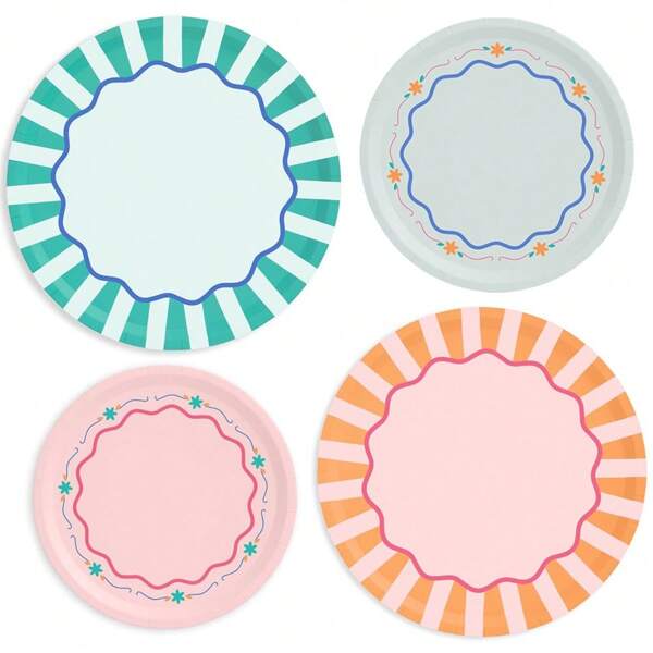 Italienische Sommerpappteller - 32er Pack, 16 Teller à 9" + 16 Teller à 7" | Junggesellinnenabschied Dekorationen, Abschiedstrip, Geburtstagsfest Zubehör, Blumen Baby Shower, Streifenkuchen Teller